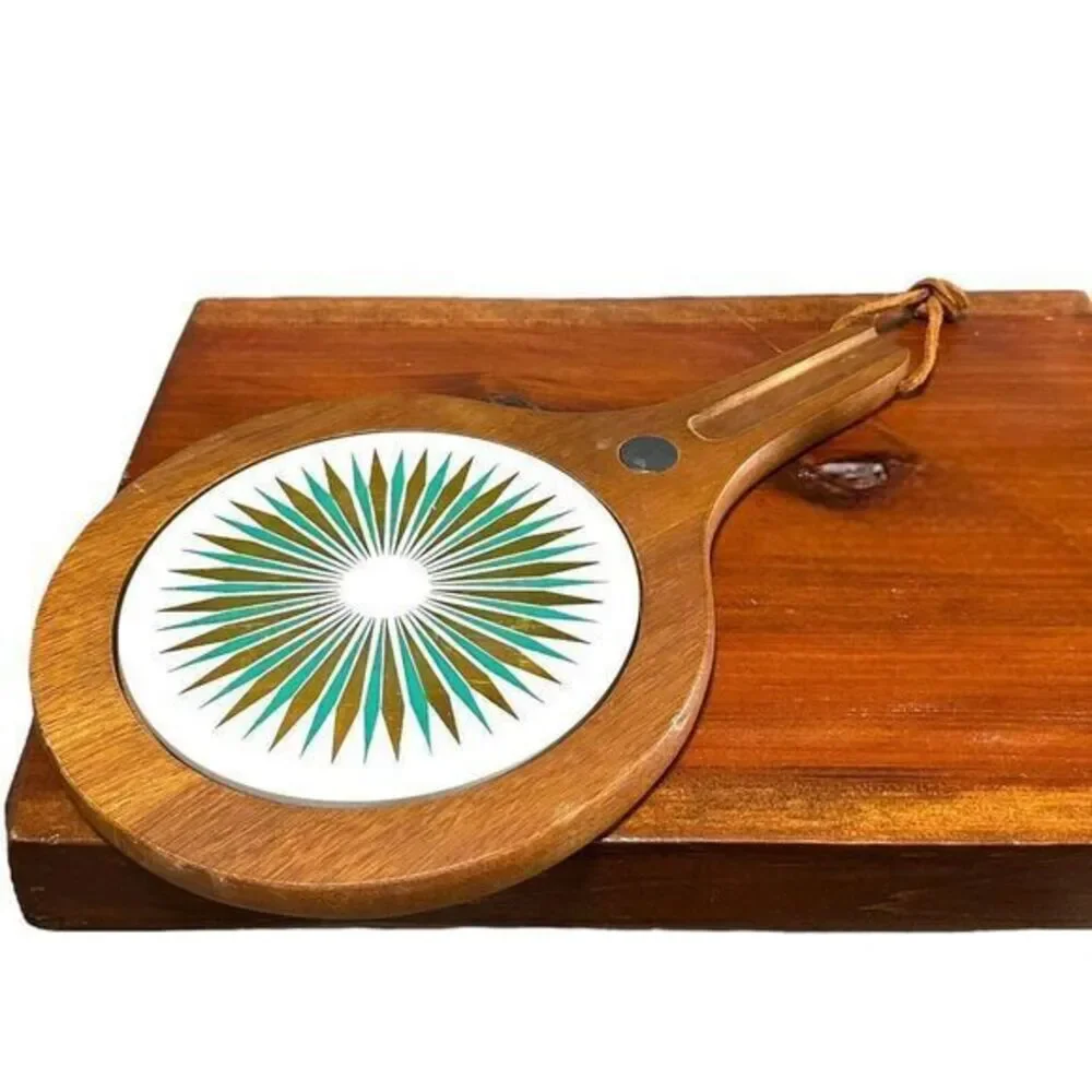 MCM Colors Ceramic Tile Trivet & Solid Wood Cheese Board w/Magnet Hanging 1960’s